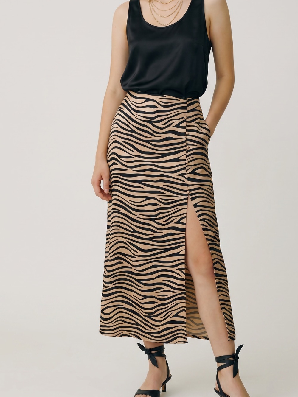 Le Lis Satin Zebra Print Slit Maxi slip Skirt Black Tan Date night Office Siren